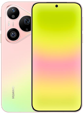 Rear and front view of the HUAWEI Pura 90 Pro. The device has a soft pink-to-light-green pastel gradient finish on the back and a triangular camera module. The screen features a bright lime-green and pink gradient wallpaper with a centered punch-hole selfie camera.