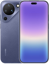 Rear and front view of the HUAWEI Pura 90. The back has a textured, matte blue finish with a unique teardrop-shaped camera housing. The front display features a wide, pill-shaped "dynamic island" cutout at the top and a soft purple-to-blue gradient wallpaper.