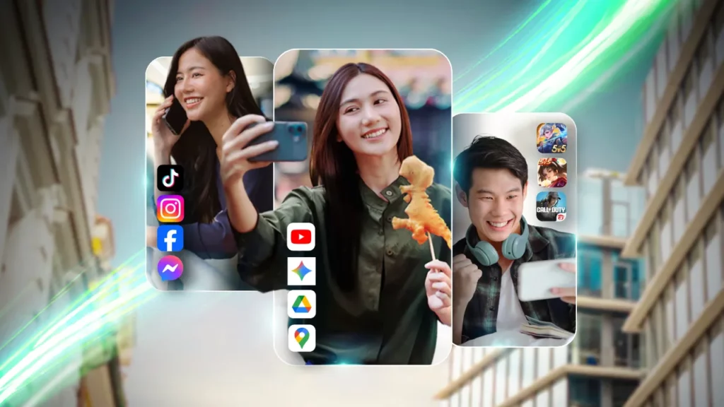 A digital collage showing three people representing different digital lifestyles: a woman on a phone call with social media icons, a woman taking a selfie with a snack and creative app icons, and a man with headphones gaming on his phone with mobile game icons.
