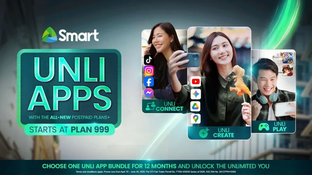 A promotional graphic for Smart Communications featuring three lifestyle bundles: "Unli Connect" with social media icons, "Unli Create" with YouTube and Google icons, and "Unli Play" with mobile gaming icons. The text reads "Unli Apps with the All-New Postpaid Plans+ Starts at Plan 999."