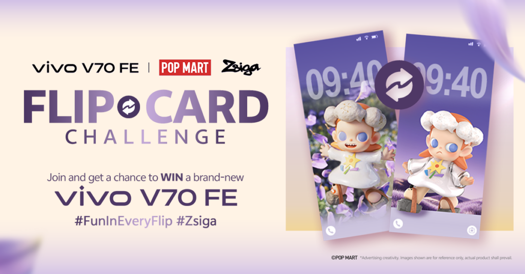 A wide promotional banner for the vivo V70 FE Flip Card Challenge. The left side features the event title and prize information. The right side showcases two vertical smartphone screens displaying a "Flip Card" animation. One screen shows a Zsiga character in a flower field, and the other shows the character in a lavender field, connected by a circular "flip" icon to demonstrate the dynamic wallpaper feature.
