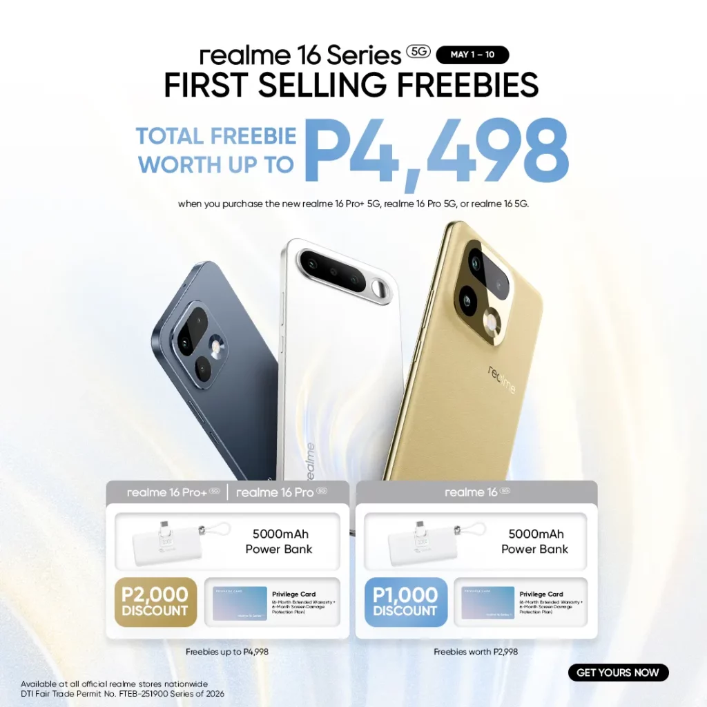 This promotional poster for the realme 16 Series 5G highlights "First Selling Freebies" available from May 1 to 10, featuring the smartphones in blue, white, and gold finishes. The graphic advertises a total freebie value of up to PHP 4,498 and breaks down the rewards into two tiers: the realme 16 Pro+ and Pro 5G come with a PHP 2,000 discount, a 5000mAh Power Bank, and a Privilege Card for extended warranty and screen protection, while the realme 16 5G offers a PHP 1,000 discount alongside the same power bank and Privilege Card.