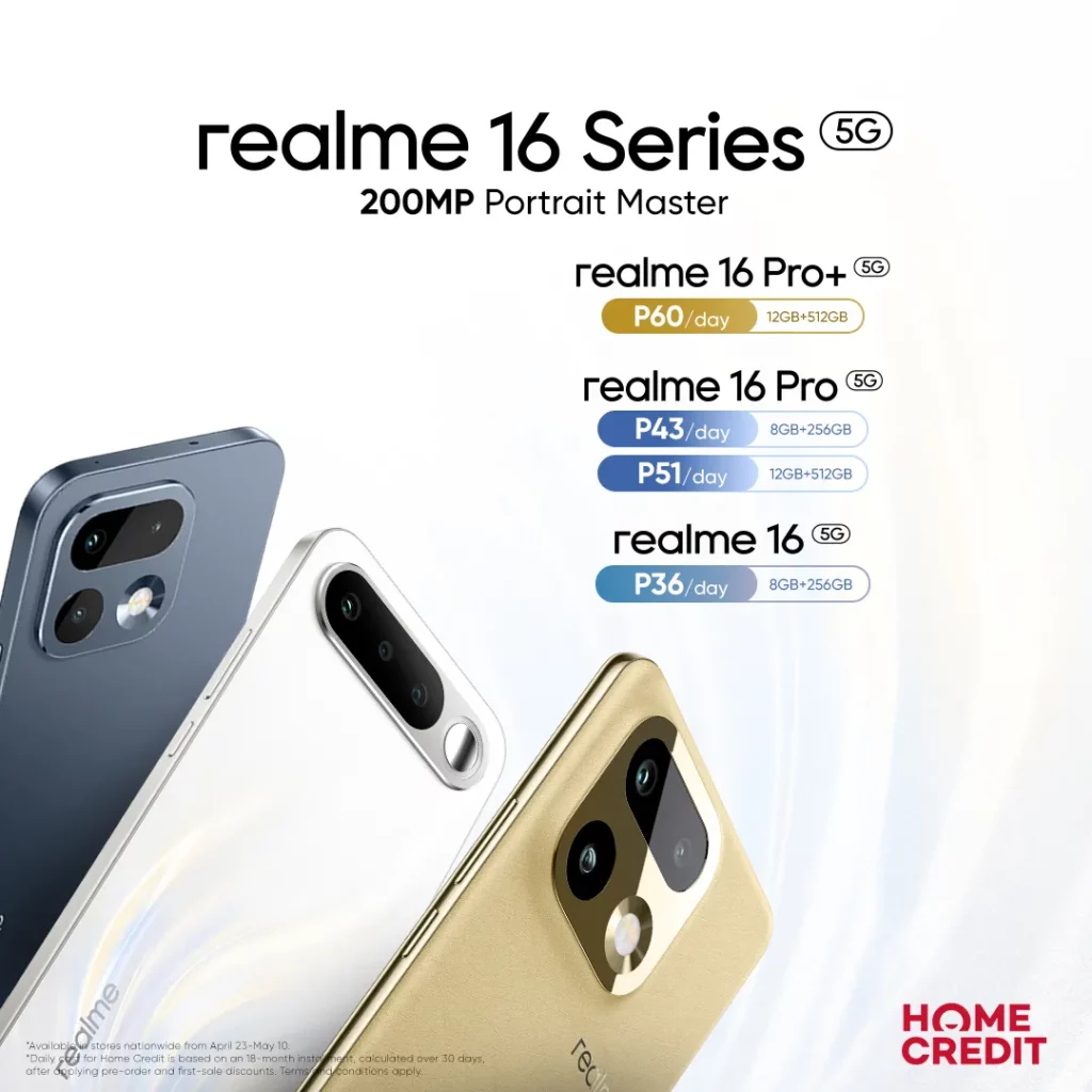 Focusing on affordability, this graphic for the realme 16 Series 5G titled "200MP Portrait Master" showcases the sleek rear designs of the devices while promoting Home Credit installment plans. The text outlines daily payment options starting at PHP 36 per day for the realme 16 5G (8GB+256GB), PHP 43 to PHP 51 per day for the realme 16 Pro 5G variants, and PHP 60 per day for the high-end realme 16 Pro+ 5G (12GB+512GB).