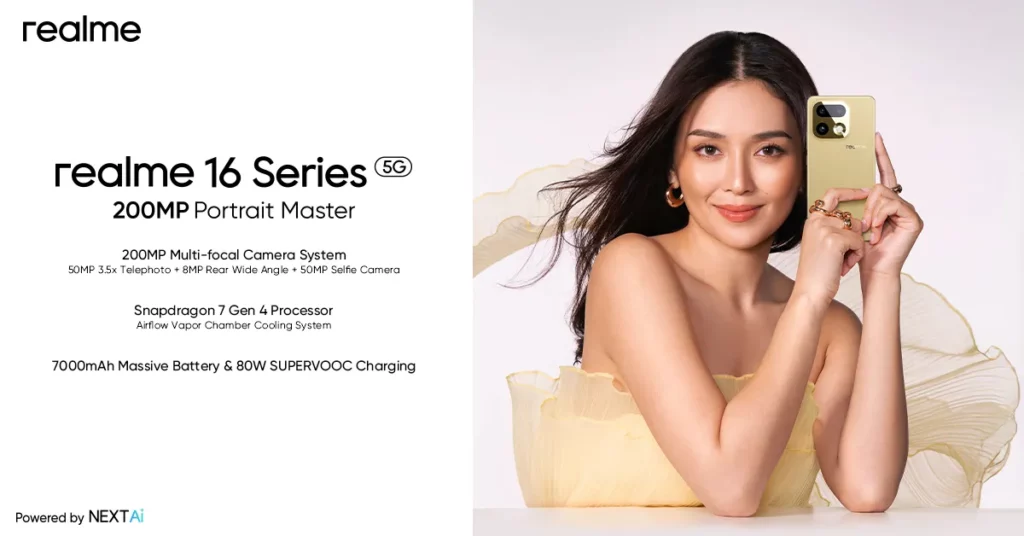 A promotional banner for the realme 16 Series 5G titled "200MP Portrait Master." The right side features a woman with long dark hair wearing a yellow dress, holding the gold model of the phone. The left side lists key specifications: a 200MP Multi-focal Camera System (including a 50MP 3.5x Telephoto, 8MP Rear Wide Angle, and 50MP Selfie Camera), a Snapdragon 7 Gen 4 Processor with Airflow Vapor Chamber Cooling, and a 7000mAh Massive Battery with 80W SUPERVOOC Charging. The bottom left corner includes the "Powered by NEXT AI" logo.