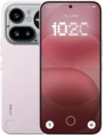 Front and back view of a light pink Nothing Phone (4a) Pro. The back features a unique, transparent camera island at the top left containing three lenses and a circular pixelated LED display showing a waveform pattern. The front shows a flat display with slim bezels, a centered hole-punch camera, and a red-toned abstract bubble wallpaper displaying the time "10:20" in a dotted font.