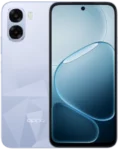 Front and back view of a light purple OPPO A6t smartphone. The back features a geometric "diamond-cut" pattern with two large circular camera lenses stacked vertically and a small LED flash. The front shows a full-screen display with a centered hole-punch selfie camera and a blue-toned bubble wallpaper.