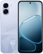 Front and back view of a light purple OPPO A6t smartphone. The back features a geometric "diamond-cut" pattern with two large circular camera lenses stacked vertically and a small LED flash. The front shows a full-screen display with a centered hole-punch selfie camera and a blue-toned bubble wallpaper.