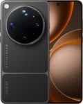 An image showing the front and back of the OPPO Find X9 Ultra in a premium dark grey. The back is distinguished by a large, circular camera housing with "HASSELBLAD" branding and a vegan leather texture. The front features a large curved screen with a spherical-themed wallpaper in orange and brown tones.