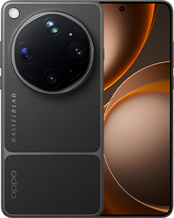 An image showing the front and back of the OPPO Find X9 Ultra in a premium dark grey. The back is distinguished by a large, circular camera housing with "HASSELBLAD" branding and a vegan leather texture. The front features a large curved screen with a spherical-themed wallpaper in orange and brown tones.