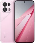 Front and back view of the OPPO K15 Pro+ smartphone in a soft pastel pink. The back features a matte finish with subtle geometric etched lines and a large, raised rectangular camera island containing three lenses and an LED flash. The front shows a full-screen display with slim, symmetrical bezels and a centered hole-punch camera, featuring a matching pink and grey abstract wallpaper.