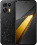 Front and back view of the OPPO K15 Pro smartphone in a textured charcoal black. The rear panel has a "stardust" or granite-like speckled pattern with gold accents and a large square camera module. The front display is bezel-less with a centered hole-punch camera, showcasing a dark architectural wallpaper with a sharp, glowing gold triangular highlight.