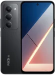An image of the POCO M8s 5G smartphone in a dark grey or black finish. The device is shown from both the front and back. The rear features a vertical triple-camera setup housed in a rectangular module with "POCO 5G" branding at the bottom. The front displays a large screen with thin bezels, a centered punch-hole camera at the top, and a geometric wallpaper with sharp diagonal lines and warm orange tones.
