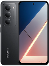 An image of the POCO M8s 5G smartphone in a dark grey or black finish. The device is shown from both the front and back. The rear features a vertical triple-camera setup housed in a rectangular module with "POCO 5G" branding at the bottom. The front displays a large screen with thin bezels, a centered punch-hole camera at the top, and a geometric wallpaper with sharp diagonal lines and warm orange tones.