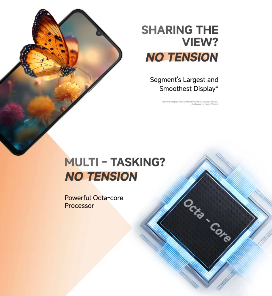 A marketing infographic titled 'NO TENSION.' The top section features a butterfly on a flower to highlight the 6.9-inch 120Hz display. The bottom section shows a 3D rendering of a 'Powerful Octa-core Processor' with glowing blue circuit traces.