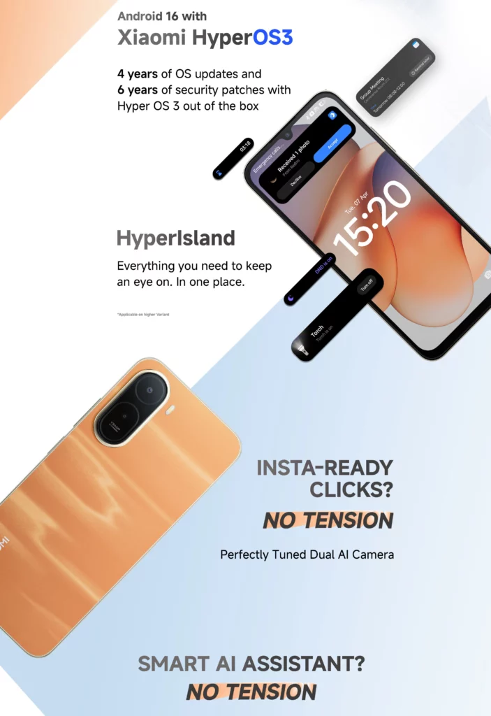 A feature breakdown of the Redmi A7 Pro 5G highlighting 'Xiaomi HyperOS 3' and 'Android 16.' It notes 4 years of OS updates and 6 years of security patches. Visuals include the 'HyperIsland' notification UI and a mention of 'Insta-Ready Clicks' with its Dual AI Camera.