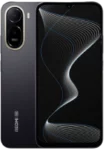 A front and back view of the Redmi A7 Pro 5G in black. The front shows a large display with a waterdrop notch and a flowing, wave-like wallpaper. The back features a prominent oval camera module and the 'REDMI 5G' logo at the bottom left.