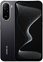A front and back view of the Redmi A7 Pro 5G in black. The front shows a large display with a waterdrop notch and a flowing, wave-like wallpaper. The back features a prominent oval camera module and the 'REDMI 5G' logo at the bottom left.