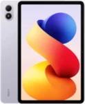 A lavender or light gray tablet, likely a Redmi Pad 2 Pro, shown from the back and front. The back has a subtle 'redmi' logo and a vertical dual-camera setup. The screen displays a colorful abstract wallpaper with a swirling orange, blue, and yellow shape.