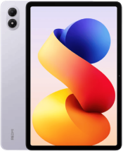 A lavender or light gray tablet, likely a Redmi Pad 2 Pro, shown from the back and front. The back has a subtle 'redmi' logo and a vertical dual-camera setup. The screen displays a colorful abstract wallpaper with a swirling orange, blue, and yellow shape.