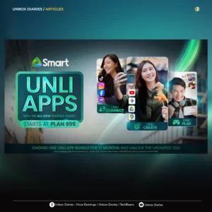 A promotional graphic for Smart Communications featuring three lifestyle bundles: "Unli Connect" with social media icons, "Unli Create" with YouTube and Google icons, and "Unli Play" with mobile gaming icons. The text reads "Unli Apps with the All-New Postpaid Plans+ Starts at Plan 999."