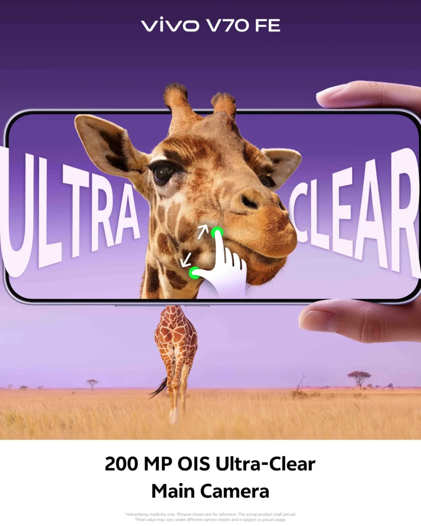 A graphic showcasing the 200MP OIS Ultra-Clear Main Camera. A person’s hand is shown using a "pinch-to-zoom" gesture on the phone’s screen, which displays a highly detailed, sharp close-up of a giraffe’s face to demonstrate image clarity even when cropped.