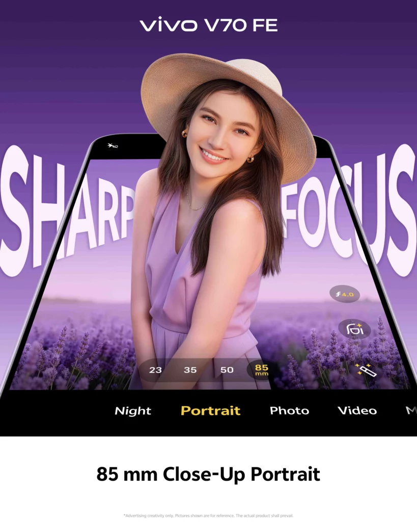 A promotional image demonstrating the "85 mm Close-Up Portrait" feature. A woman wearing a sun hat is shown in sharp focus against a beautifully blurred field of lavender. The camera UI on the screen highlights the "85mm" focal length setting.