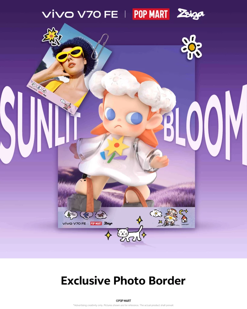 Promotional graphic for the vivo V70 FE featuring the POP MART character Zsiga, an orange-haired figure in a white puffy coat and cloud hat. The text "SUNLIT BLOOM" is in large white letters against a purple background. An inset photo shows a woman in yellow sunglasses with an exclusive Zsiga-themed photo border.