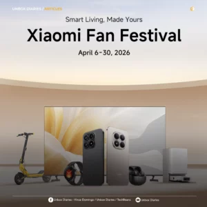 A promotional banner for the Xiaomi Fan Festival 2026 featuring the theme "Smart Living, Made Yours" and the dates April 6–30, 2026. The top-left corner features the "UNBOX DIARIES / ARTICLES" logo. The center displays a collection of Xiaomi products, including a large flat-screen TV, two smartphones (one black, one silver), a smartwatch, wireless earbuds, a yellow electric scooter, and a white robot vacuum with a docking station. The bottom contains social media handles for Unbox Diaries, Vince Domingo, and TechBeans.