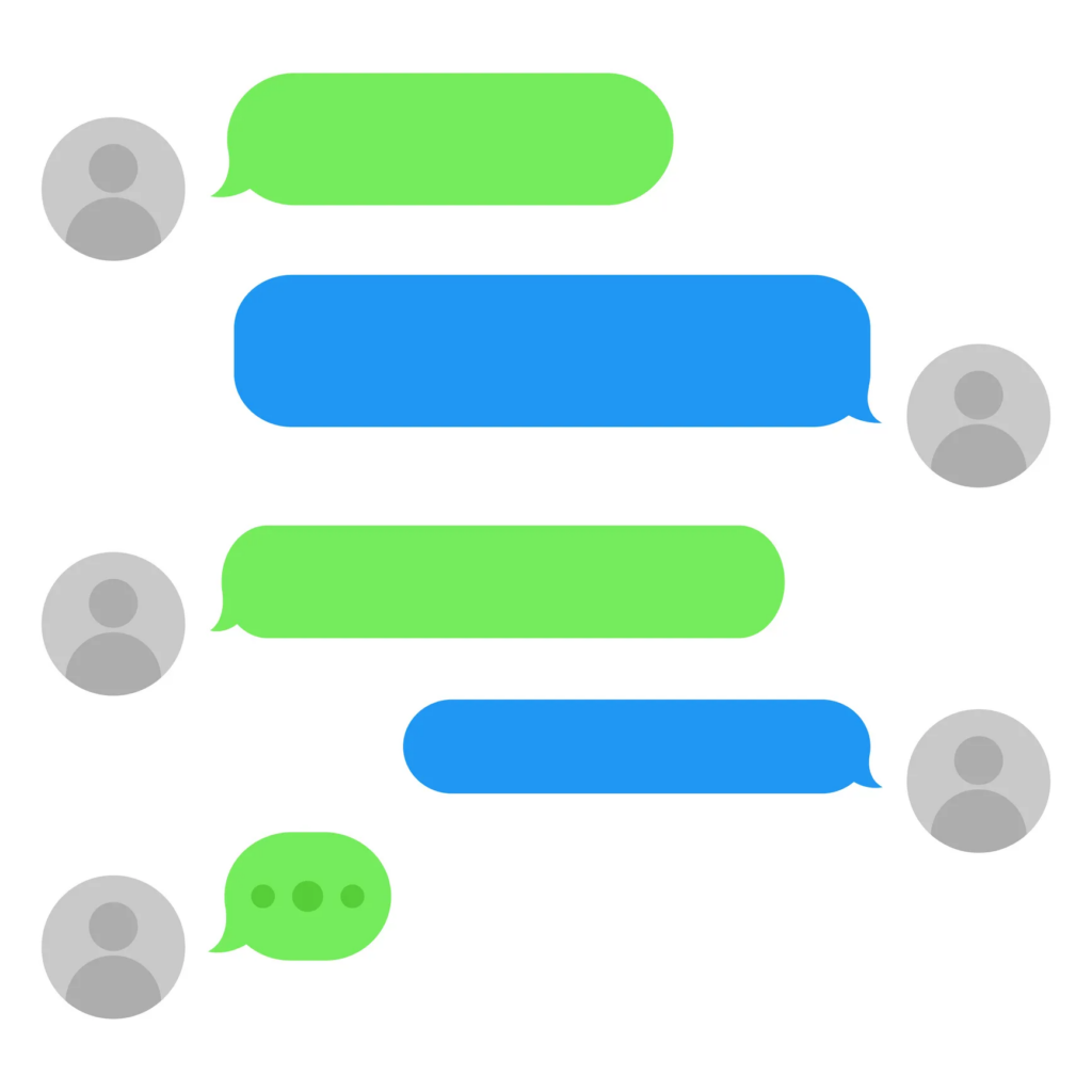 A graphic representation of a text conversation featuring alternating green and blue chat bubbles, symbolizing the visual distinction between SMS (Android) and iMessage (Apple) threads.