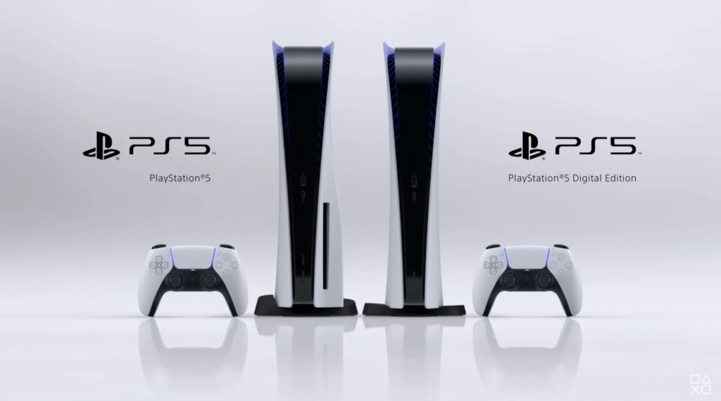 A clean promotional shot showing two versions of the original PS5 console standing vertically on a white surface. On the left is the Standard Edition with a disc drive slot, and on the right is the slimmer Digital Edition without a disc drive. Two white DualSense controllers are placed in front of each console.