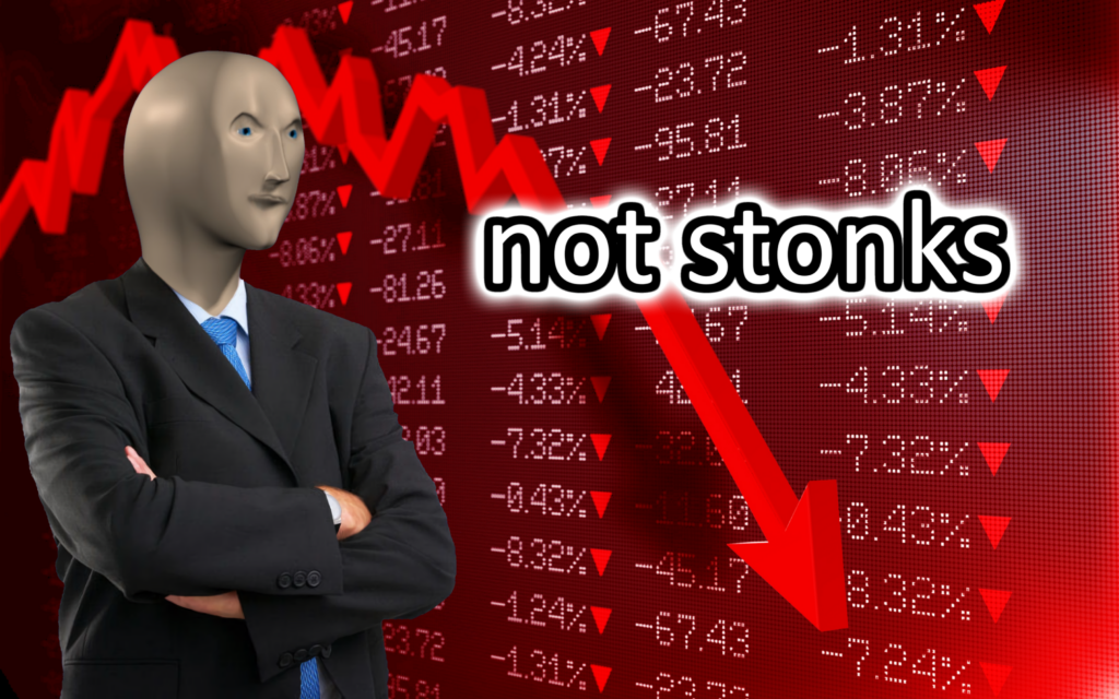 A "Not Stonks" meme featuring the character Meme Man in a business suit with his arms crossed. Behind him is a red stock market graph showing a steep downward trend with various negative percentage values, representing a financial loss or bad economic news.