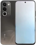 Front and back view of a realme C100 smartphone in a dark gradient finish. The back features a triple-camera system housed in a vertical rectangular module and a subtle textured pattern. The front shows a flat display with a centered punch-hole selfie camera and slim bezels.