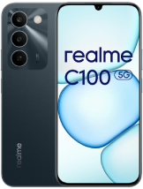 Front and back view of a realme C100 5G smartphone in a dark blue-grey color. The back has three circular camera lenses and a flash arranged vertically. The front display features a 
