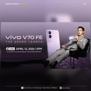 A digital graphic from "Unbox Diaries" featuring the official launch poster of the vivo V70 FE with Alden Richards. The layout includes the Unbox Diaries logo at the top right and social media handles for Vince Domingo, TechBeans, and Unbox Diaries at the bottom.