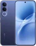 A product image of the vivo V70 FE in a gradient purple finish. The rear of the device shows a vertical triple-camera setup, with the bottom lens accented by a circular light ring. The front of the phone showcases a nearly bezel-less display with a centered hole-punch selfie camera and a flowing, abstract blue and white wallpaper.