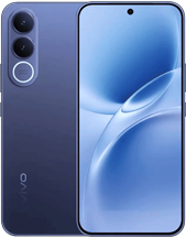 A product image of the vivo V70 FE in a gradient purple finish. The rear of the device shows a vertical triple-camera setup, with the bottom lens accented by a circular light ring. The front of the phone showcases a nearly bezel-less display with a centered hole-punch selfie camera and a flowing, abstract blue and white wallpaper.