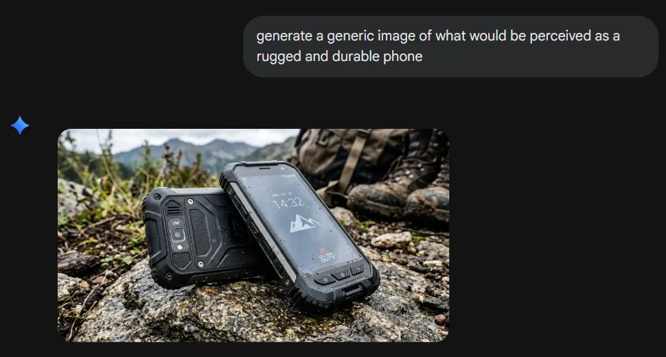 A screenshot of a chat interface. The user asks to "generate a generic image of what would be perceived as a rugged and durable phone." Below it is an AI-generated image of two bulky, armored black smartphones with reinforced corners and physical buttons, sitting on a rocky, outdoor terrain with hiking gear in the background.