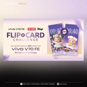 A digital layout for an article on Unbox Diaries featuring the vivo V70 FE x POP MART Flip Card Challenge. The center of the image contains the promotional banner showing the Zsiga collaboration and the prize giveaway. The top left corner is labeled "UNBOX DIARIES / ARTICLES," and the bottom includes social media handles for Vince Domingo, TechBeans, and Unbox Diaries.