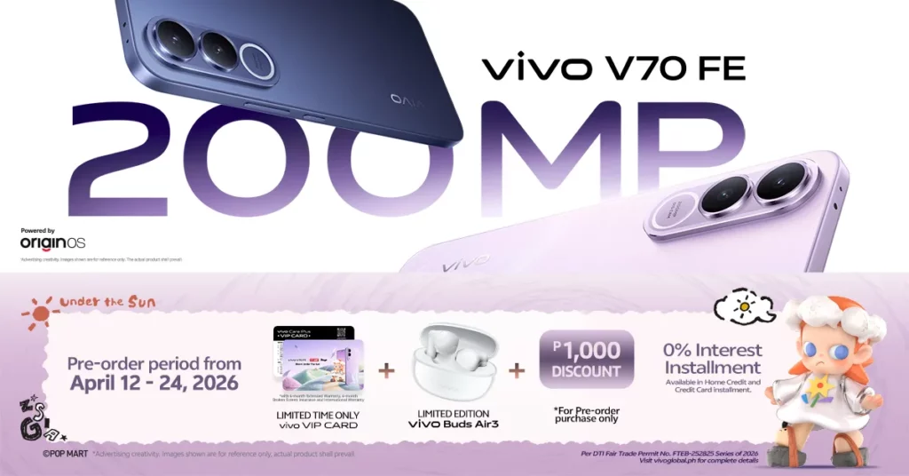 A wide horizontal banner for the vivo V70 FE highlighting its 200MP camera and pre-order perks. The "Under the Sun" promotion includes a limited-time vivo VIP Card, free vivo Buds Air3, a 1,000 Pesos discount, and 0% interest installment plans. The pre-order period is listed as April 12 to 24, 2026.