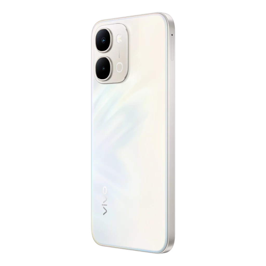 A studio shot of the vivo Y31d in Glow White, shown from a rear three-quarter angle. The back panel has a pearlescent, shimmering finish with subtle light streaks. It features a prominent dual-lens metallic camera module and a slim, flat-edged silver frame.