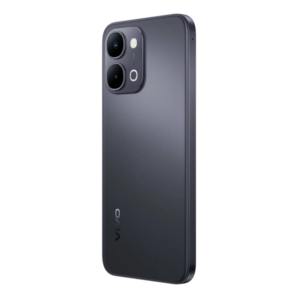 A studio shot of the vivo Y31d in Starlight Grey against a black background. The phone is viewed from a rear three-quarter angle, showcasing a matte dark grey finish, a vertical dual-camera setup with a metallic housing, and the vivo logo at the bottom.