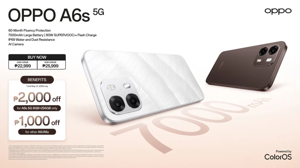 A landscape promotional banner for the OPPO A6s 5G smartphone. The text highlights a 60-Month Fluency Protection, 7000mAh Large Battery, 80W SUPERVOOC Flash Charge, IP69 Water and Dust Resistance, and an AI Camera. Two phones are displayed: one in textured Ice White lying on its back and another in Cappuccino Brown standing on its side, casting a shadow over a large "7000 mAh" text graphic on the floor. Promotional pricing boxes show the 6GB+128GB variant for ₱22,999 and the 8GB+256GB variant for ₱25,999, along with limited-time discount benefits of ₱2,000 off for the 8GB+256GB variant and ₱1,000 off for other models until May 31, 2026.