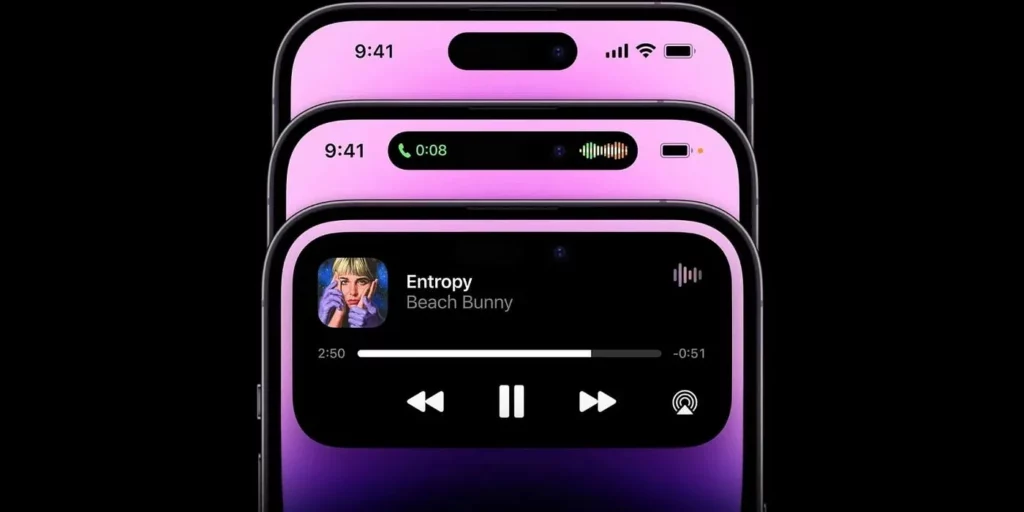 Close-up of three iPhone screens stacked vertically, demonstrating the evolution of the Dynamic Island. The top screen shows the standard pill-shaped cutout, the middle screen displays an ongoing phone call notification, and the bottom screen shows an expanded media player widget playing music.