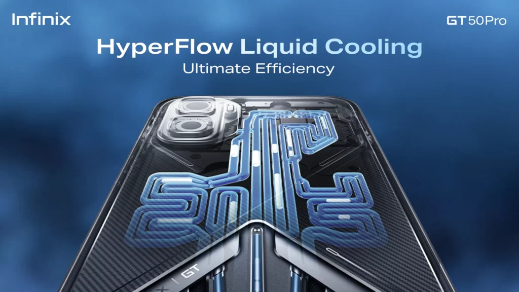 A close-up graphic of the Infinix GT 50 Pro smartphone back shell, semi-transparent to reveal a complex, winding maze of glowing blue liquid cooling tubes integrated into the device’s internal architecture. The top of the image displays the text "Infinix GT 50 Pro: HyperFlow Liquid Cooling Ultimate Efficiency" against a soft, smoky blue background.