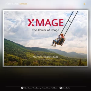 A promotional graphic for an article on "Unbox Diaries" featuring the XMAGE Awards 2026 poster. The image shows a person on a high swing overlooking a lush green valley, with the text "XMAGE: The Power of Image" and "23 March - 16 August" clearly displayed.