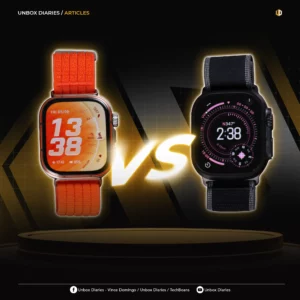 A promotional graphic featuring a head-to-head comparison with a large glowing "VS" in the center. On the left is the Huawei Watch Fit 5 Pro with an orange strap and bright orange digital watch face. On the right is the Apple Watch Ultra 3 in black with a dark, compass-style watch face. Both watches are floating above a circular golden pedestal against a dark, tech-themed background.