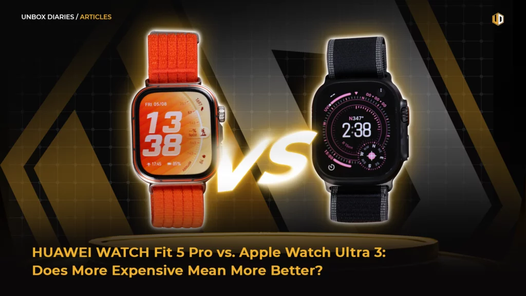 A promotional banner titled "HUAWEI WATCH Fit 5 Pro vs. Apple Watch Ultra 3: Does More Expensive Mean More Better?" The image shows the orange Huawei Watch Fit 5 Pro and the black Apple Watch Ultra 3 side-by-side with a glowing "VS" between them, set against a dark background with gold geometric accents.