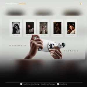 Promotional banner for Unbox Diaries featuring five polaroid-style portrait shots of a woman above hands holding a white vivo X300 Ultra smartphone equipped with a large external telephoto lens. The text "launching on 05.23.2026" is visible.