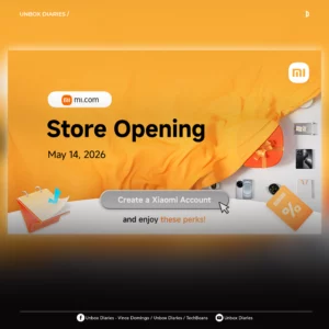A wide banner for the Xiaomi Mi.com store opening on May 14, 2026, branded by Unbox Diaries. It features a "Create a Xiaomi Account" call-to-action button over an orange fabric background. Small icons of Xiaomi products like smartphones, smartwatches, and shopping bags are scattered on the right side, with social media handles for Unbox Diaries and TechBeans at the bottom.