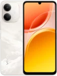 Front and back view of a white vivo Y11d smartphone. The back of the phone features a subtle, white marble-like pattern, a vertical dual-camera setup in the upper left corner, and the vivo logo at the bottom. The front features a full-screen display with a waterdrop notch at the top, showing a bright orange and yellow abstract wallpaper.